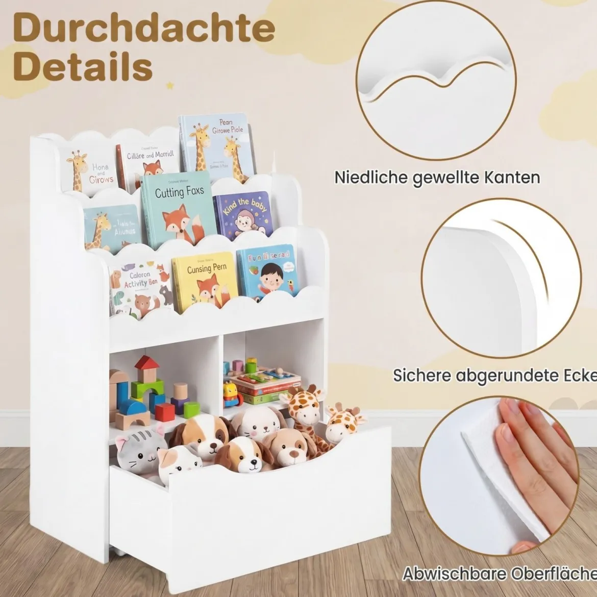 Kinderregal mit 5 Ebenen Bücherregal mit Schubladen auf Rollen 60 x 30 x 91 cm Weiß