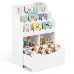 Kinderregal mit 5 Ebenen Bücherregal mit Schubladen auf Rollen 60 x 30 x 91 cm Weiß