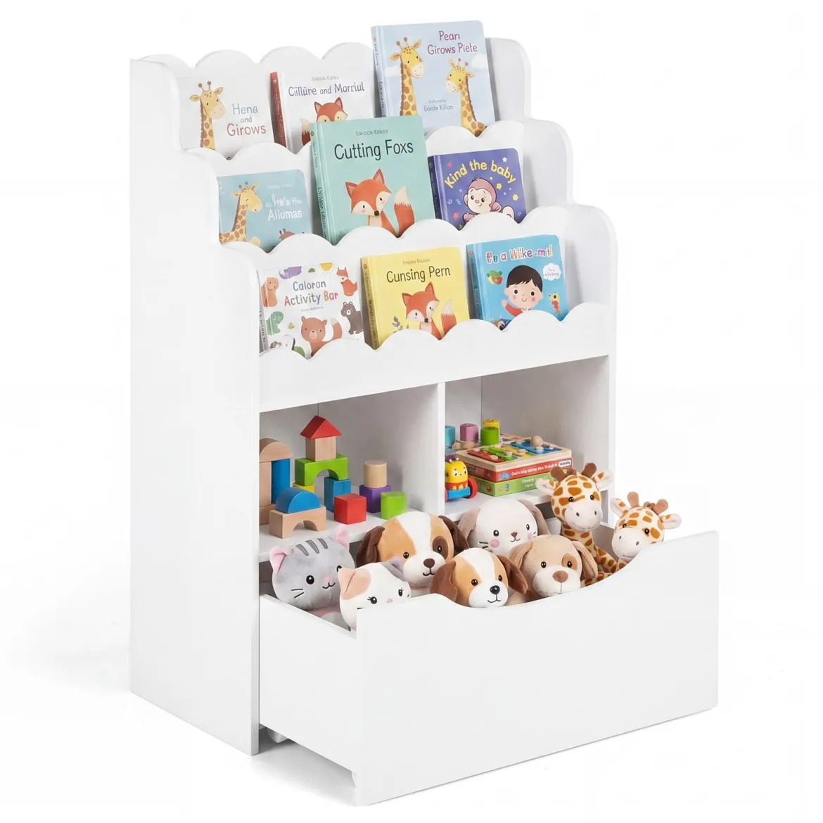 Kinderregal mit 5 Ebenen Bücherregal mit Schubladen auf Rollen 60 x 30 x 91 cm Weiß