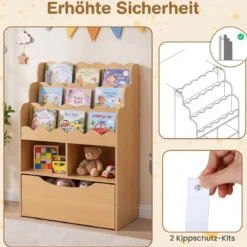 Kinderregal mit 5 Ebenen Bücherregal mit Schubladen auf Rollen 60 x 30 x 91 cm Natur