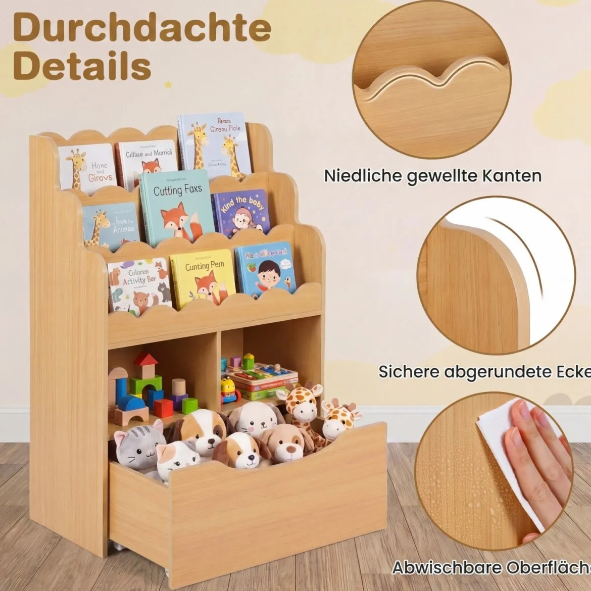Kinderregal mit 5 Ebenen Bücherregal mit Schubladen auf Rollen 60 x 30 x 91 cm Natur