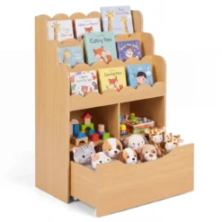 Kinderregal mit 5 Ebenen Bücherregal mit Schubladen auf Rollen 60 x 30 x 91 cm Natur