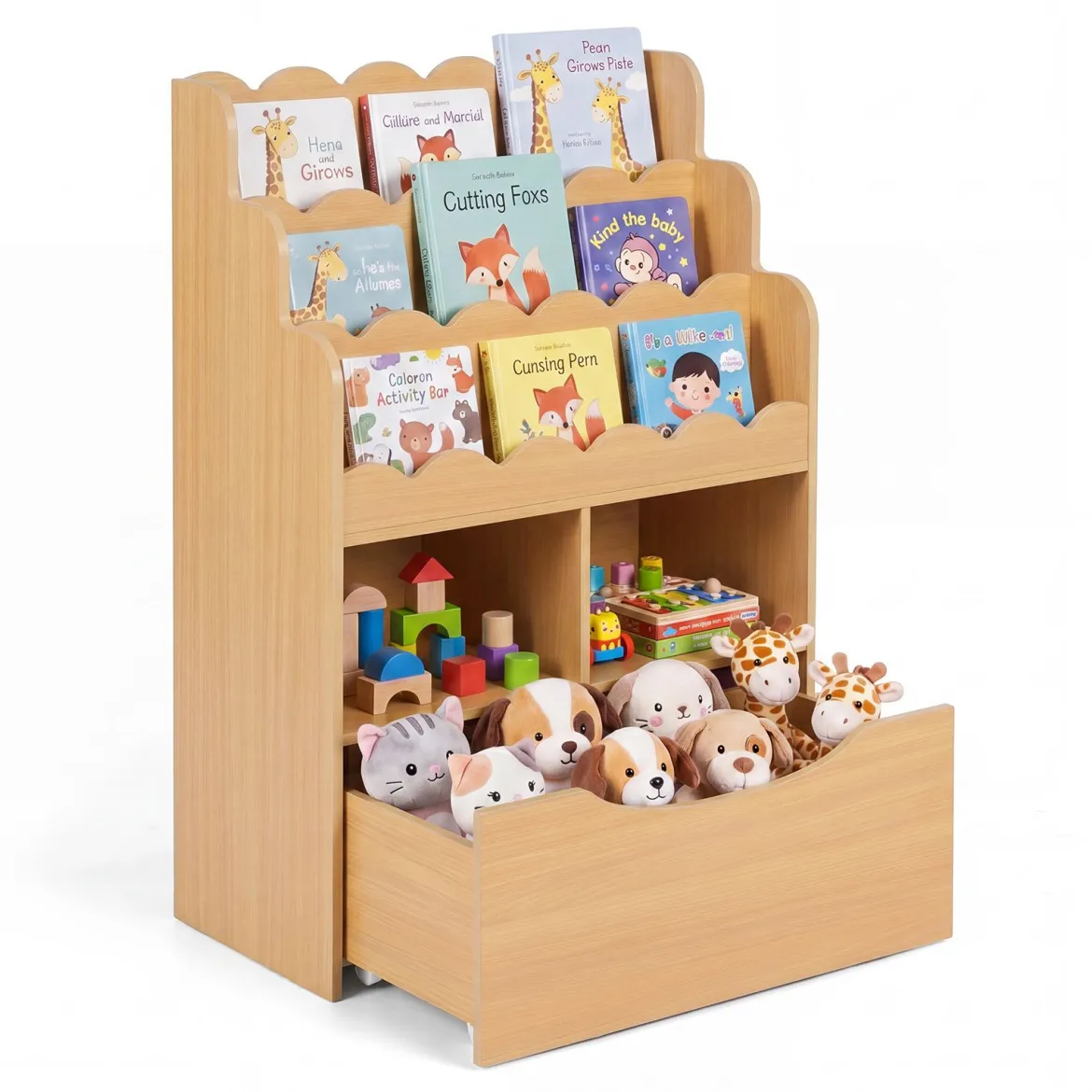 Kinderregal mit 5 Ebenen Bücherregal mit Schubladen auf Rollen 60 x 30 x 91 cm Natur