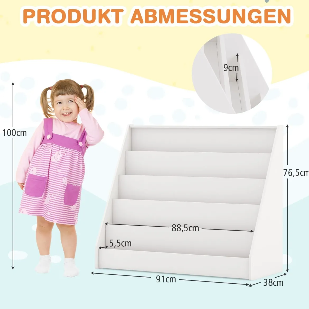 Kinderregal mit 5 Fächern Kinder Bücherregal Zeitungsständer Aufbewahrungsregal Weiß