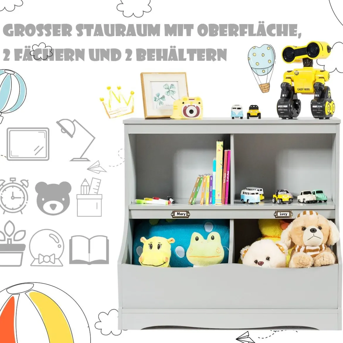 Kinderregal mit 4 Fächern Spielzeugregal Bücherregal für Kinder 67 x 40 x 62 cm Grau