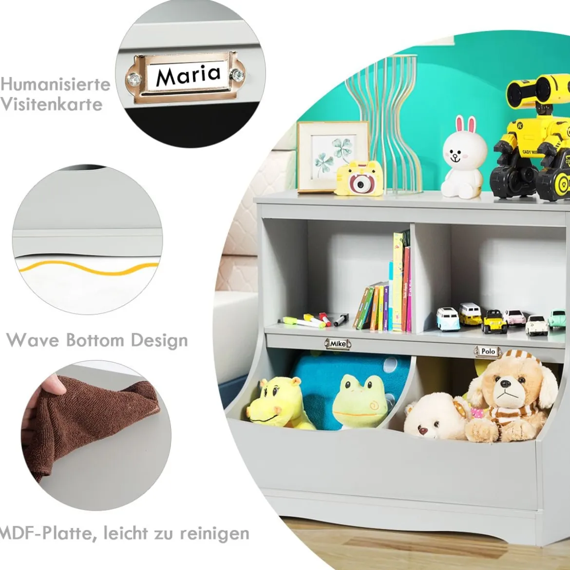 Kinderregal mit 4 Fächern Spielzeugregal Bücherregal für Kinder 67 x 40 x 62 cm Grau