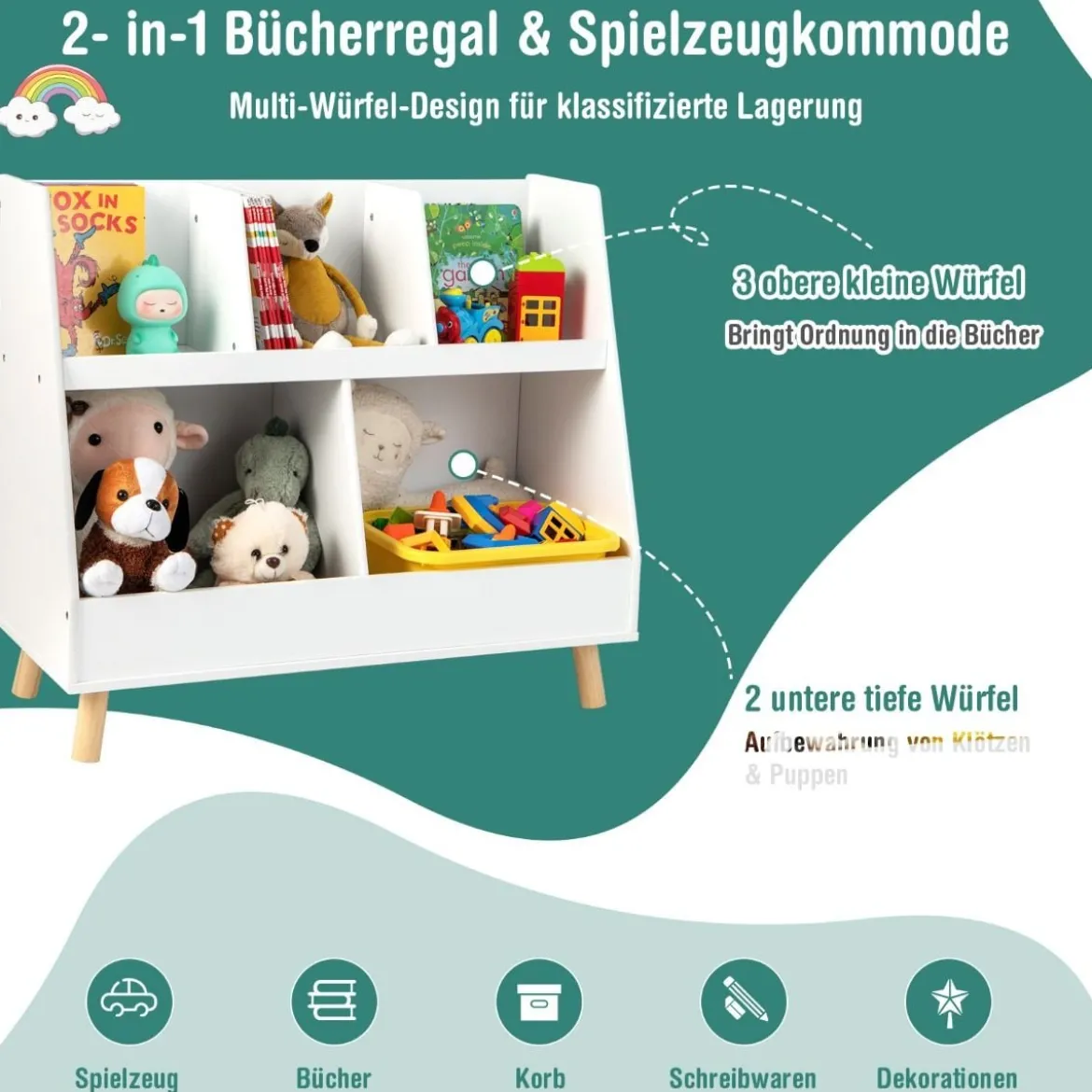 Kinderregal mit 5 offenen Fächern Bücherregal Kinder Kinderzimmerregal mit Massivholzbeinen Weiß