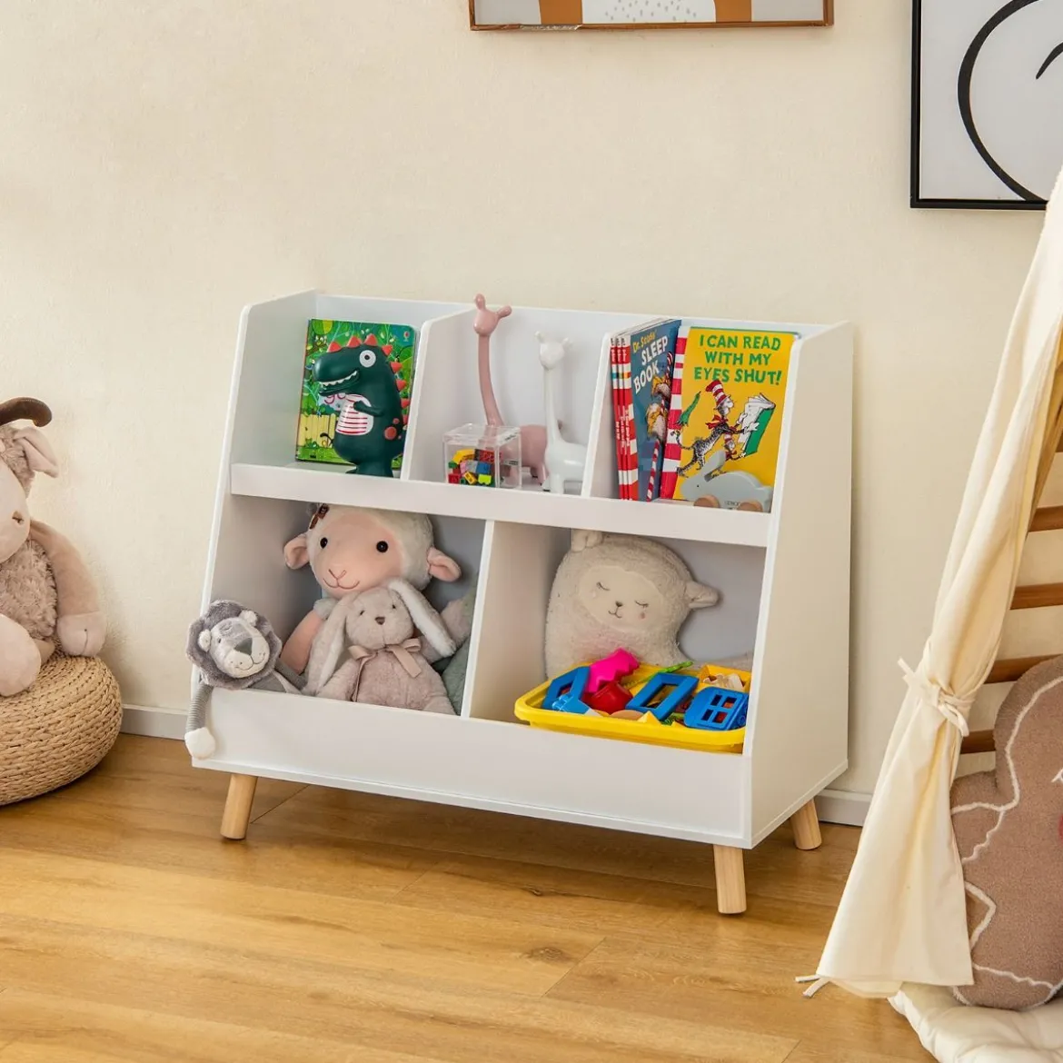Kinderregal mit 5 offenen Fächern Bücherregal Kinder Kinderzimmerregal mit Massivholzbeinen Weiß