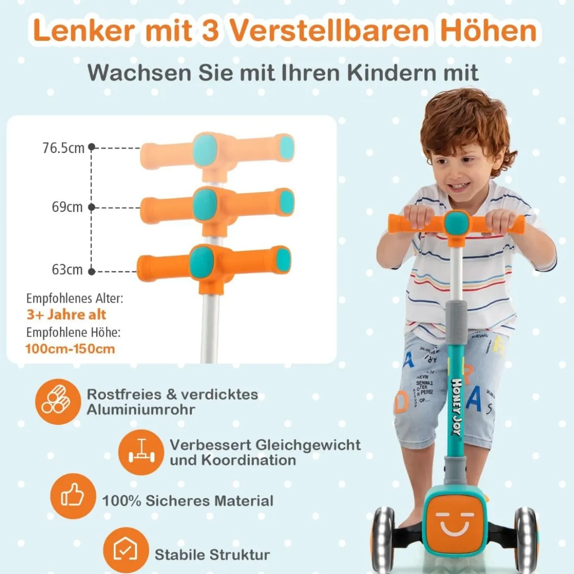 Kinderroller Klappbarer Tretroller mit 3-Fach Höhenverstellbarem Lenker Kinderscooter Grün