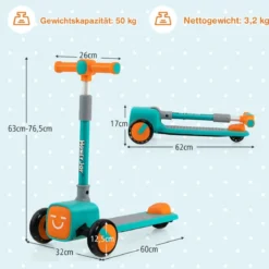 Kinderroller Klappbarer Tretroller mit 3-Fach Höhenverstellbarem Lenker Kinderscooter Grün