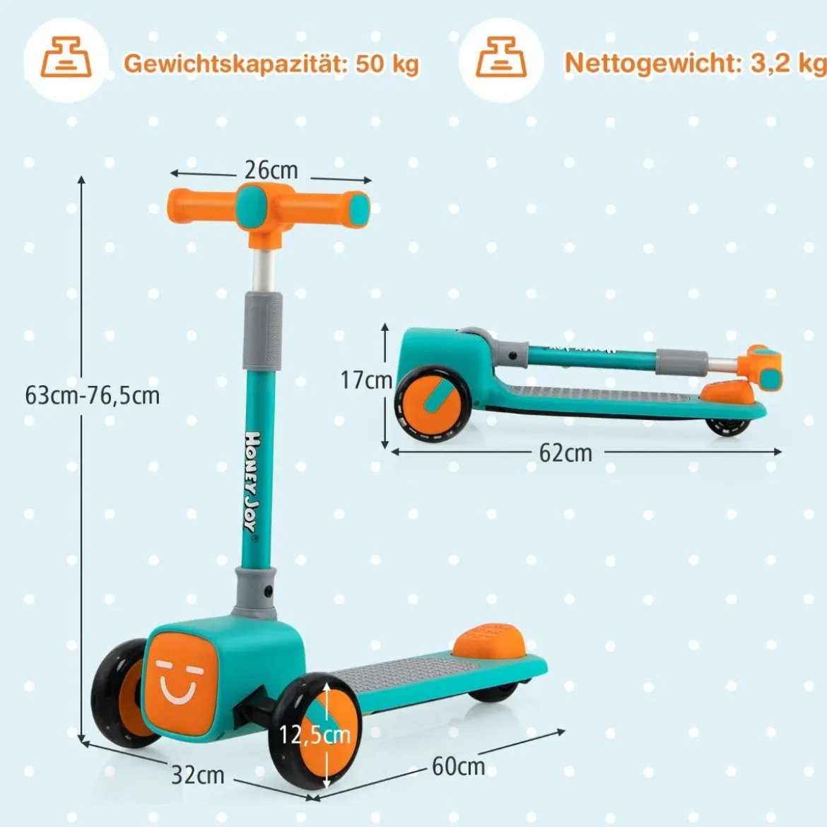 Kinderroller Klappbarer Tretroller mit 3-Fach Höhenverstellbarem Lenker Kinderscooter Grün