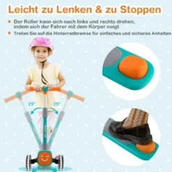 Kinderroller Klappbarer Tretroller mit 3-Fach Höhenverstellbarem Lenker Kinderscooter Grün