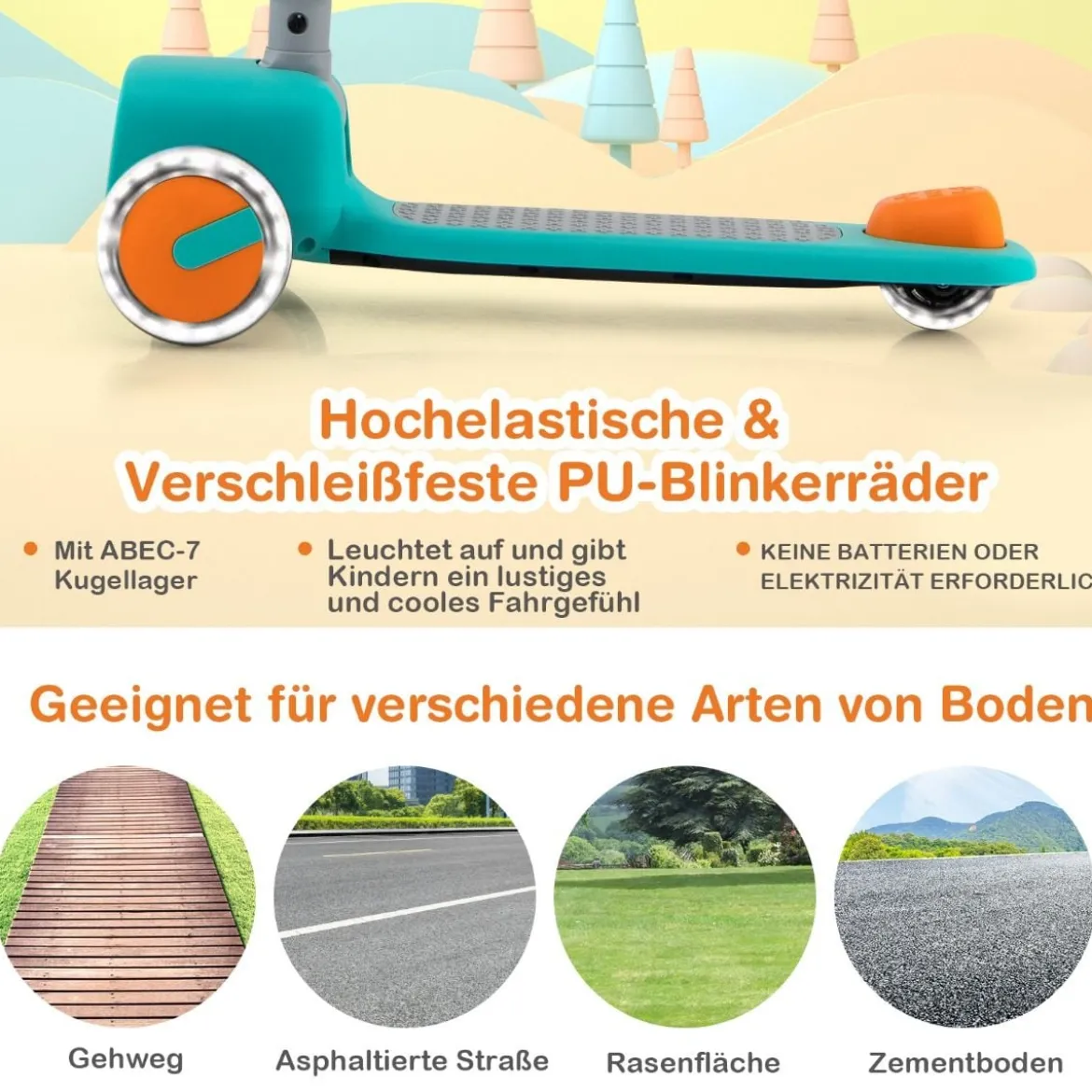 Kinderroller Klappbarer Tretroller mit 3-Fach Höhenverstellbarem Lenker Kinderscooter Grün