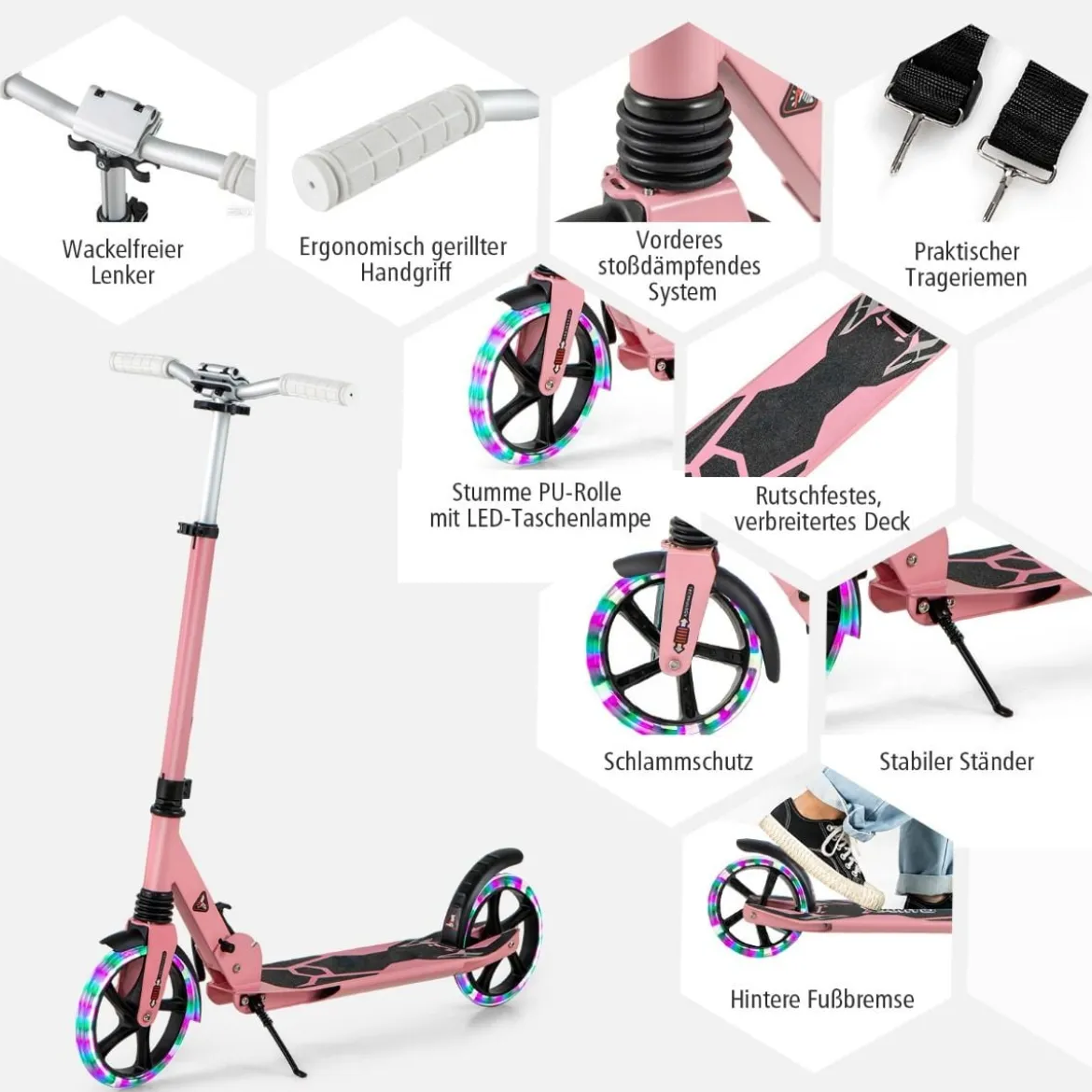 Kinder Roller klappbar mit Leuchten Scooter höhenverstellbar mit Tragegurt
