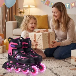 Kinder Rollschuhe 4 Größen Verstellbar Inline Roller Skates mit Leuchtenden Rädern Rosa M (EU 34-37)