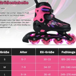 Kinder Rollschuhe 4 Größen Verstellbar Inline Roller Skates mit Leuchtenden Rädern Rosa M (EU 34-37)
