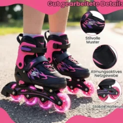 Kinder Rollschuhe 4 Größen Verstellbar Inline Roller Skates mit Leuchtenden Rädern Rosa L (EU 38-41)