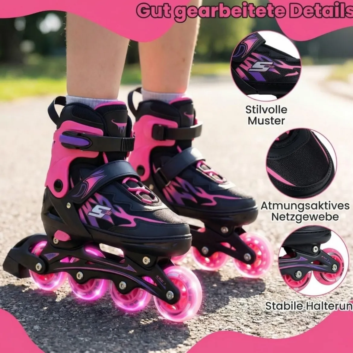 Kinder Rollschuhe 4 Größen Verstellbar Inline Roller Skates mit Leuchtenden Rädern Rosa L (EU 38-41)