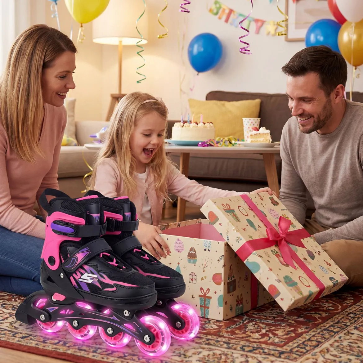 Kinder Rollschuhe 4 Größen Verstellbar Inline Roller Skates mit Leuchtenden Rädern Rosa L (EU 38-41)
