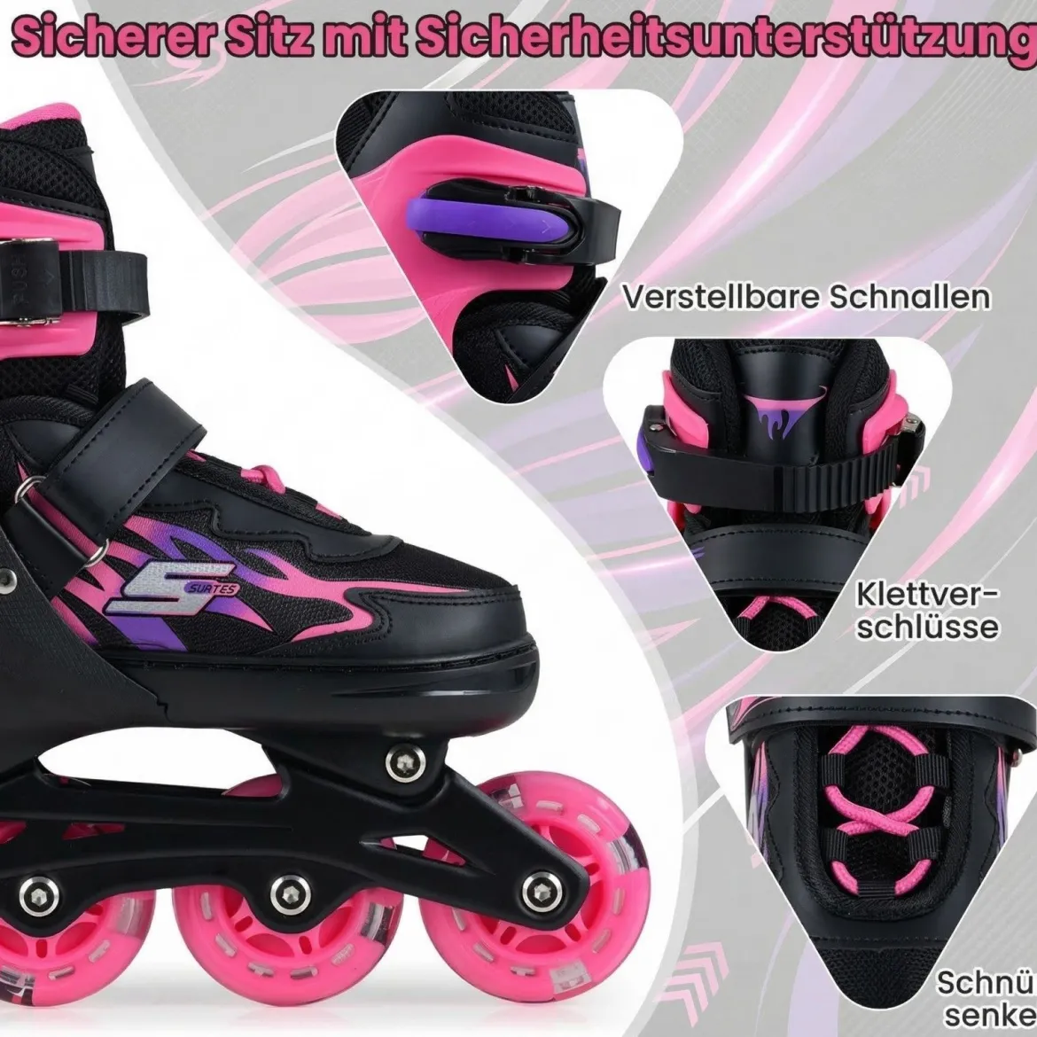 Kinder Rollschuhe 4 Größen Verstellbar Inline Roller Skates mit Leuchtenden Rädern Rosa L (EU 38-41)