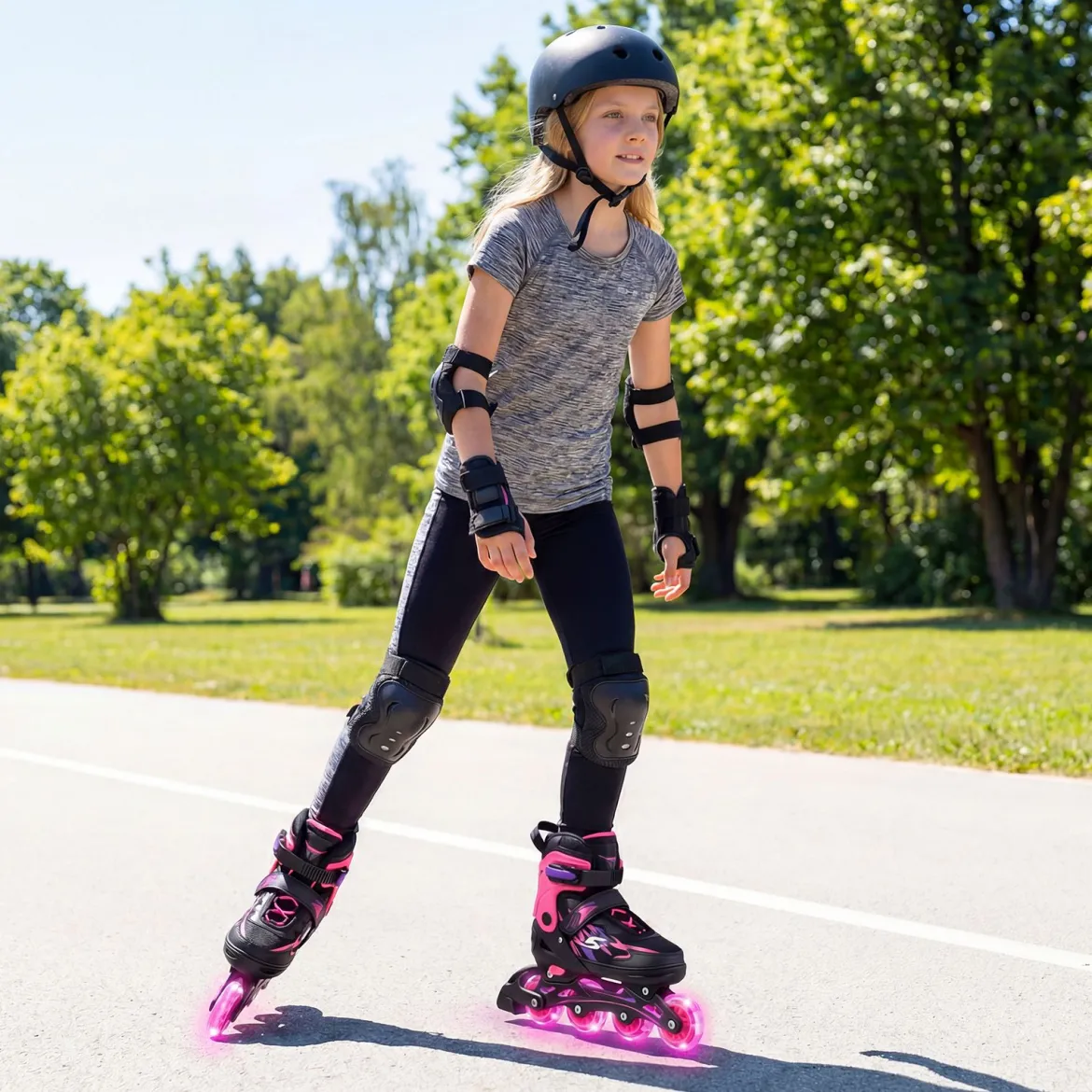 Kinder Rollschuhe 4 Größen Verstellbar Inline Roller Skates mit Leuchtenden Rädern Rosa L (EU 38-41)