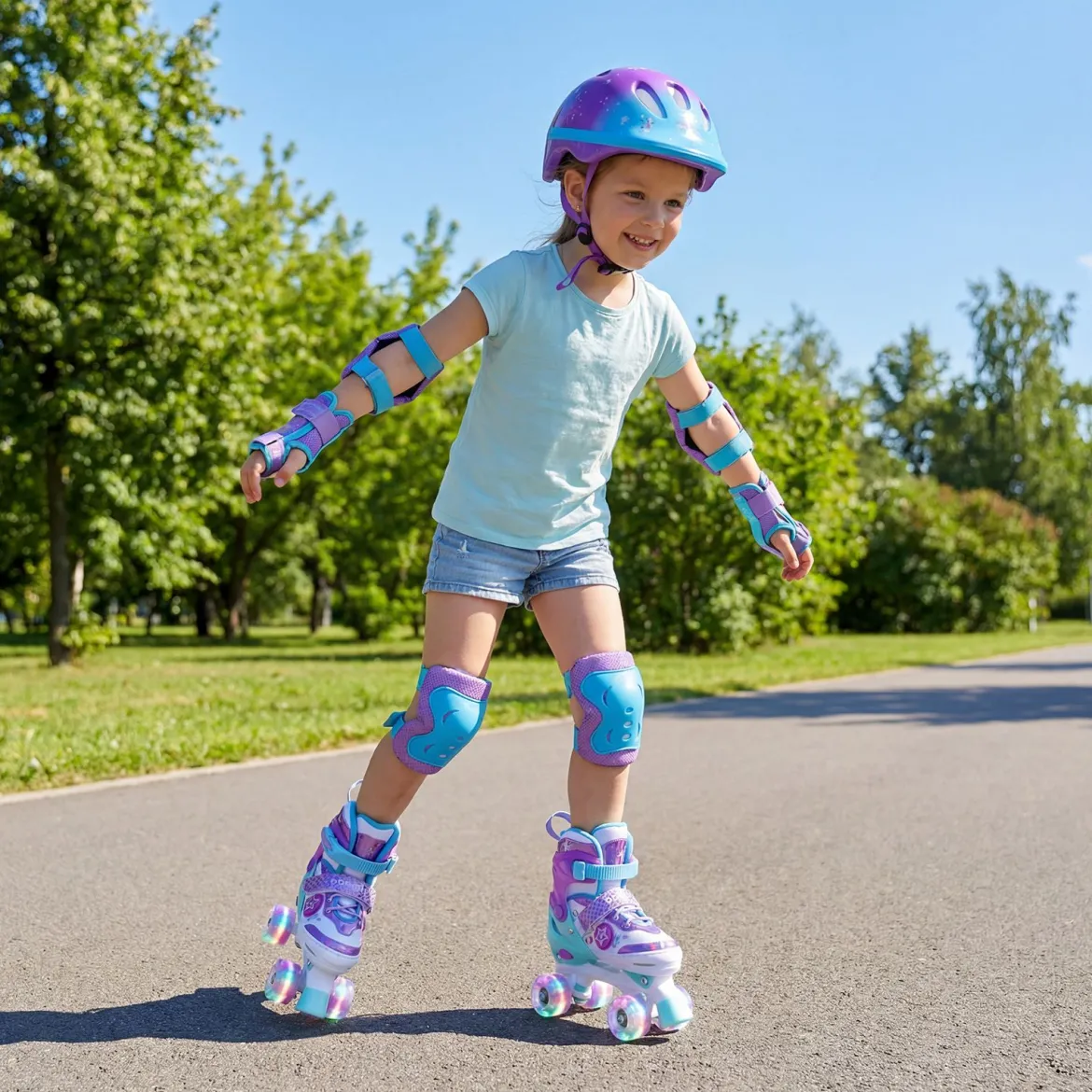 Kinder Rollschuhe 4 Größen Verstellbar Quad Skates mit Leuchtenden Rädern M (EU 32-36)