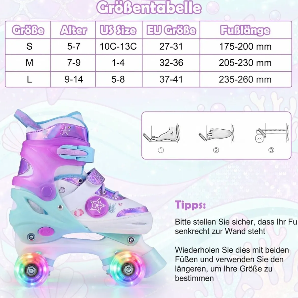 Kinder Rollschuhe 4 Größen Verstellbar Quad Skates mit Leuchtenden Rädern M (EU 32-36)