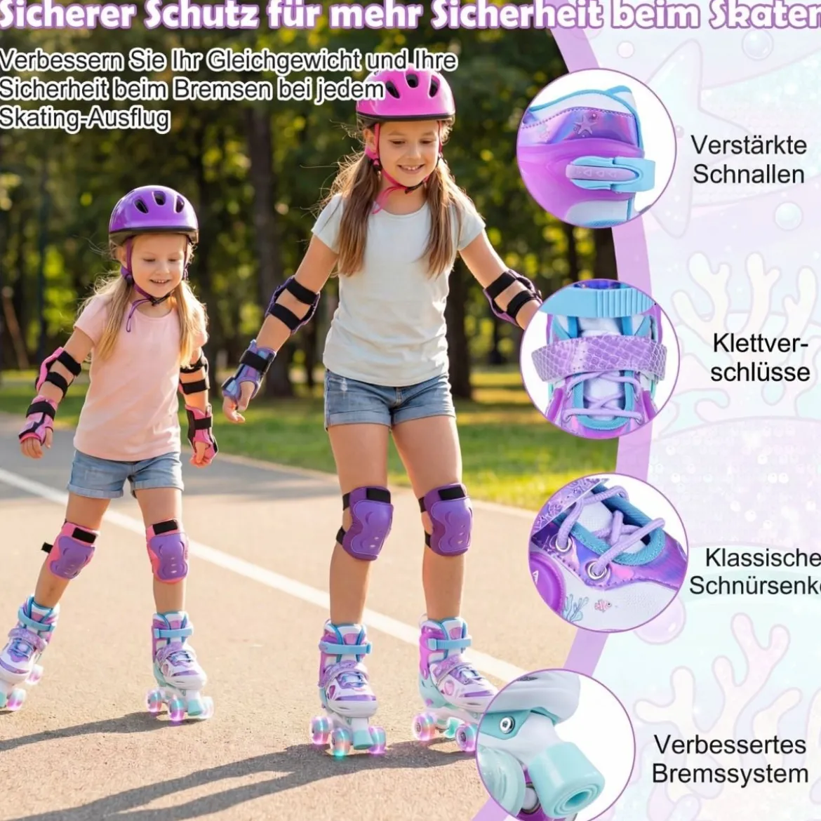 Kinder Rollschuhe 4 Größen Verstellbar Quad Skates mit Leuchtenden Rädern M (EU 32-36)