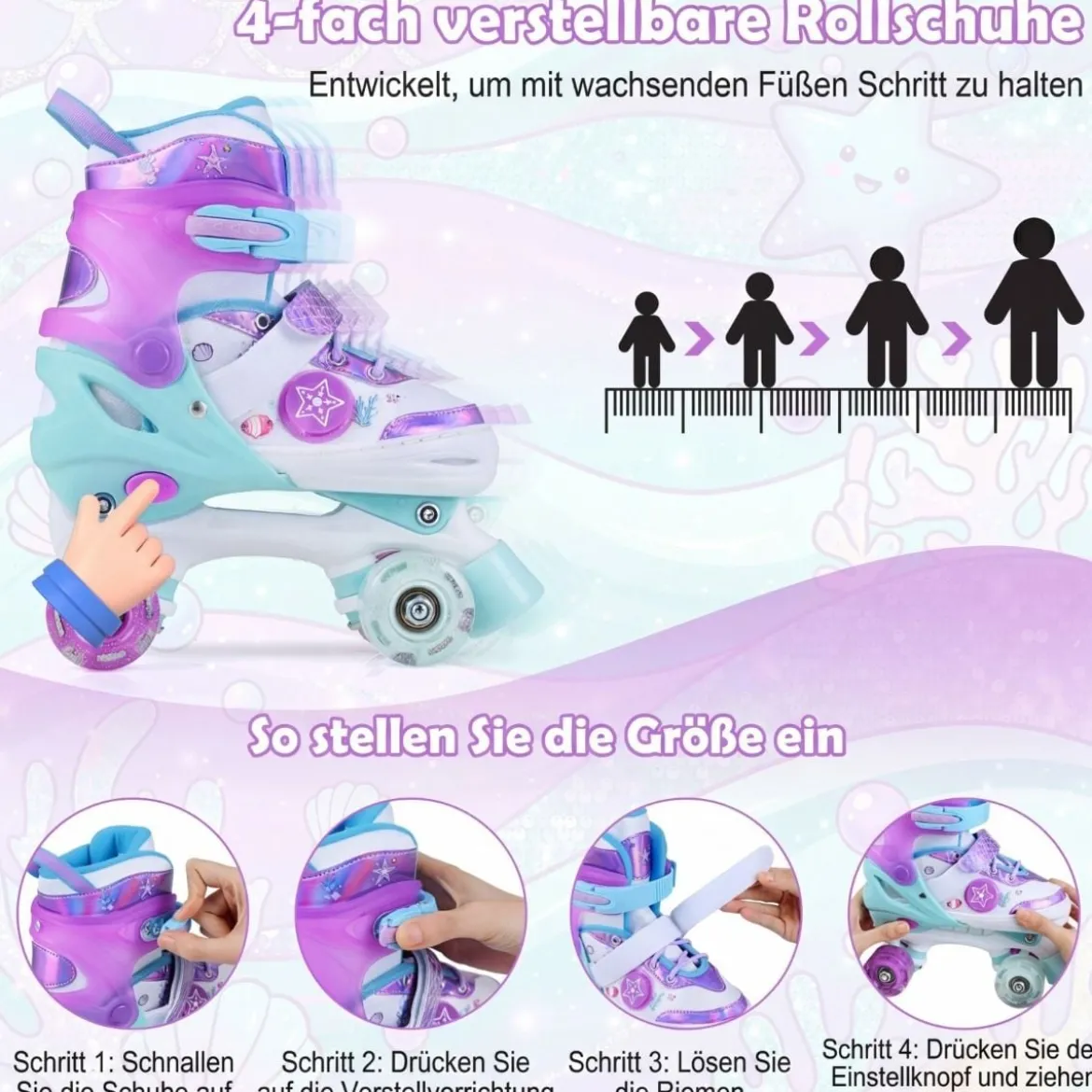 Kinder Rollschuhe 4 Größen Verstellbar Quad Skates mit Leuchtenden Rädern M (EU 32-36)