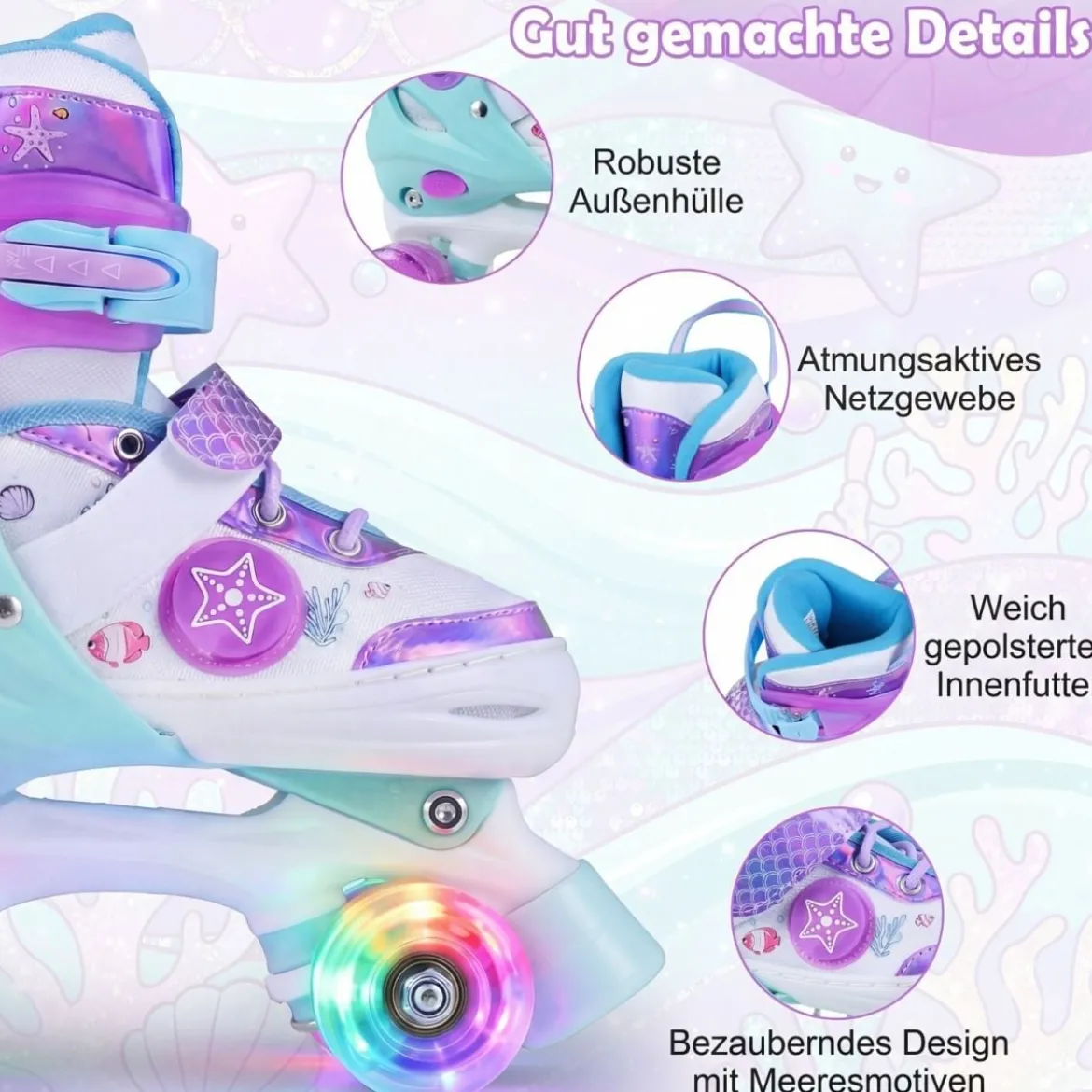 Kinder Rollschuhe 4 Größen Verstellbar Quad Skates mit Leuchtenden Rädern M (EU 32-36)