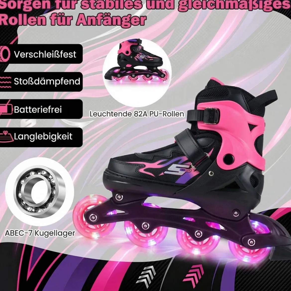 Kinder Rollschuhe 4 Größen Verstellbar Inline Roller Skates mit leuchtenden Rädern Rosa S (EU 30-33)