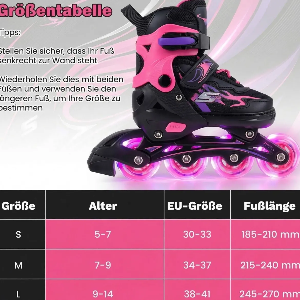 Kinder Rollschuhe 4 Größen Verstellbar Inline Roller Skates mit leuchtenden Rädern Rosa S (EU 30-33)
