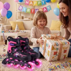 Kinder Rollschuhe 4 Größen Verstellbar Inline Roller Skates mit leuchtenden Rädern Rosa S (EU 30-33)