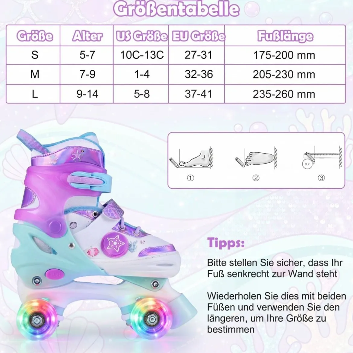 Kinder Rollschuhe 4 Größen Verstellbar Quad Skates mit Leuchtenden Rädern S (EU 27-31)