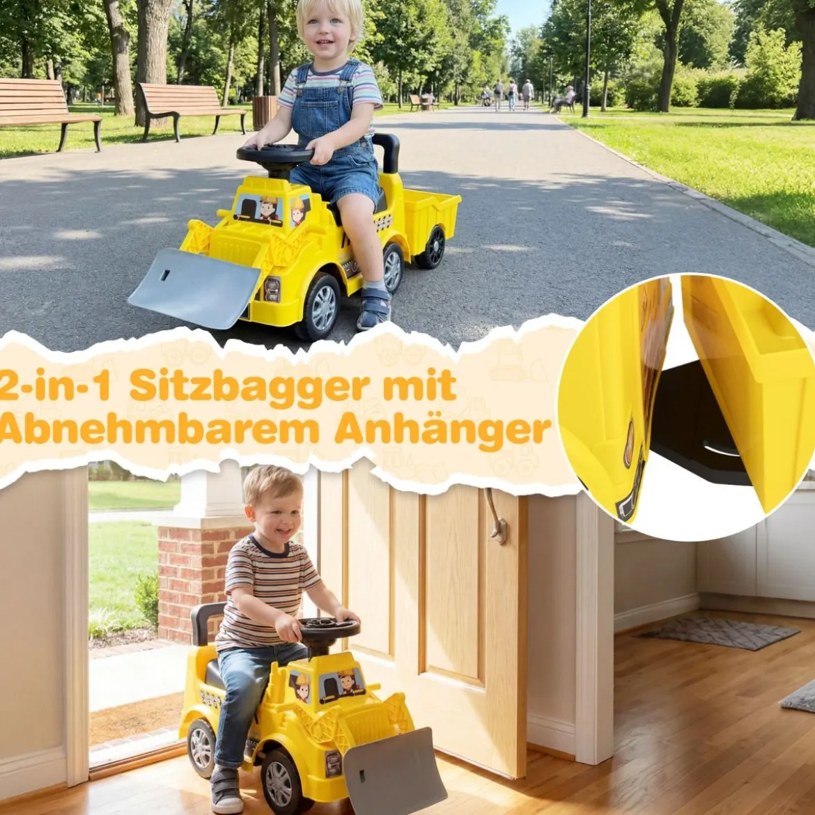 Kinder Rutschauto mit Anhänger & Schaufel Kinderfahrzeug Aufsitzauto Spielzeugauto mit Stauraum Gelb