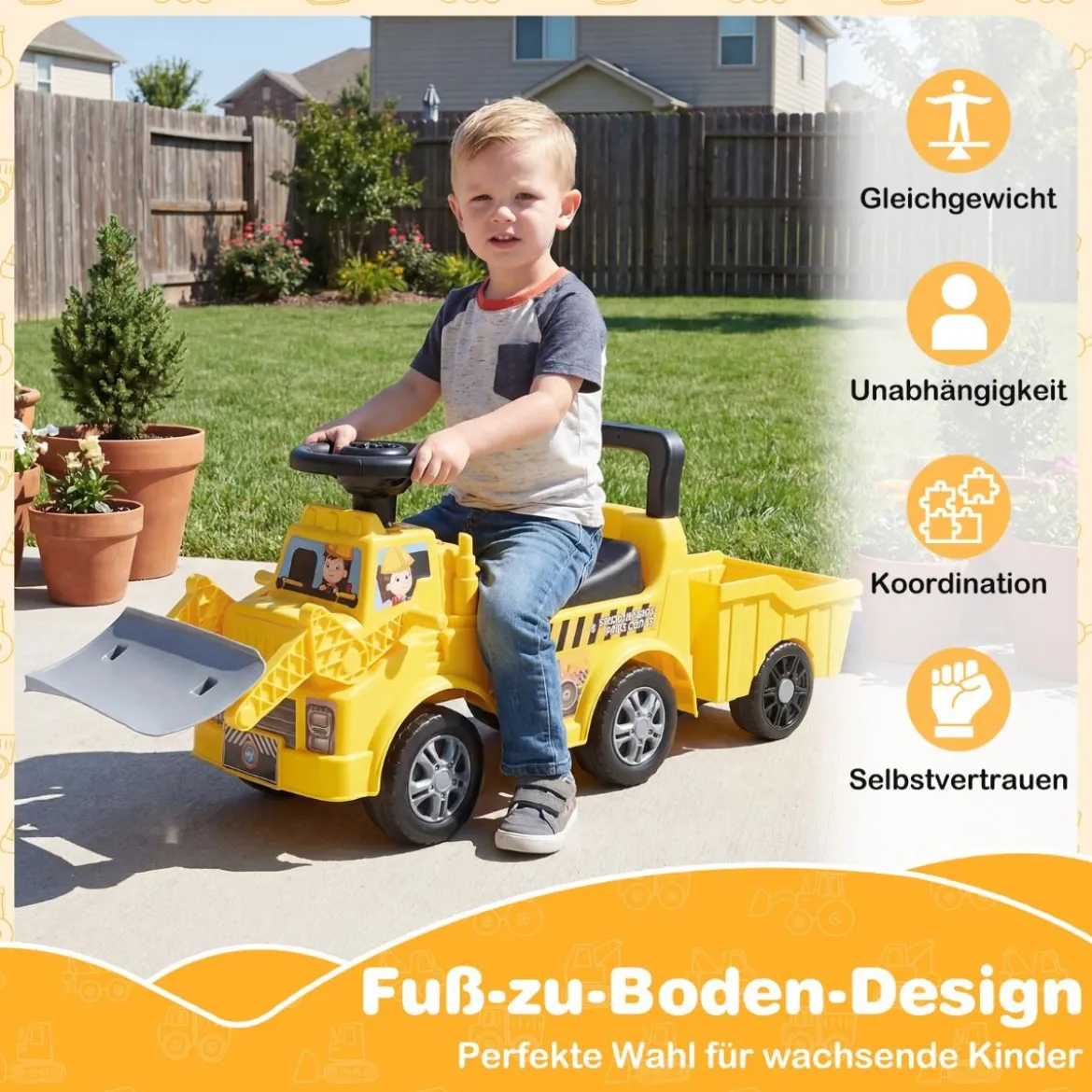Kinder Rutschauto mit Anhänger & Schaufel Kinderfahrzeug Aufsitzauto Spielzeugauto mit Stauraum Gelb