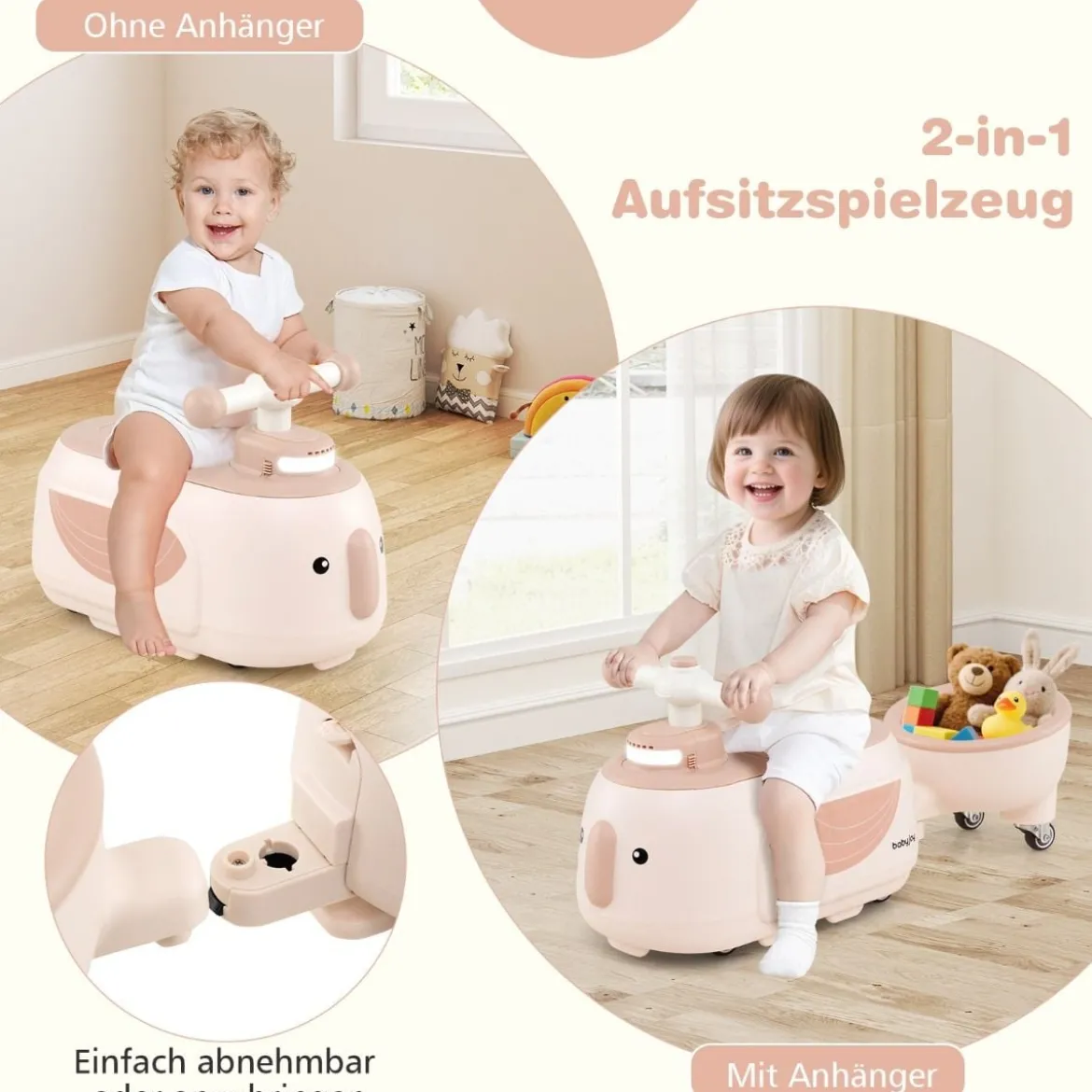 Kinder Rutschauto mit Anhänger & Licht & Stauraum unter dem Sitz Bodenrutscher Beige
