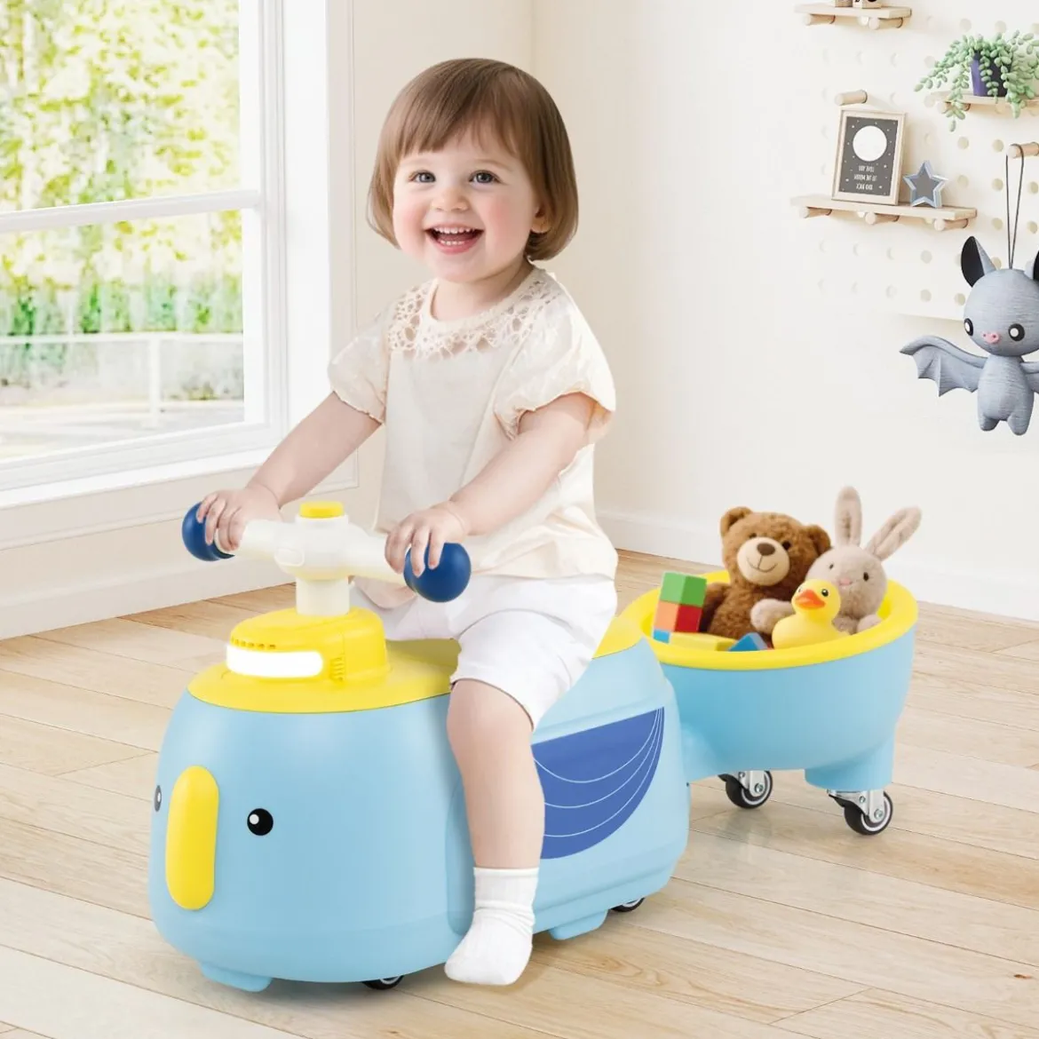 Kinder Rutschauto mit Anhänger & Licht & Stauraum unter dem Sitz Bodenrutscher Blau