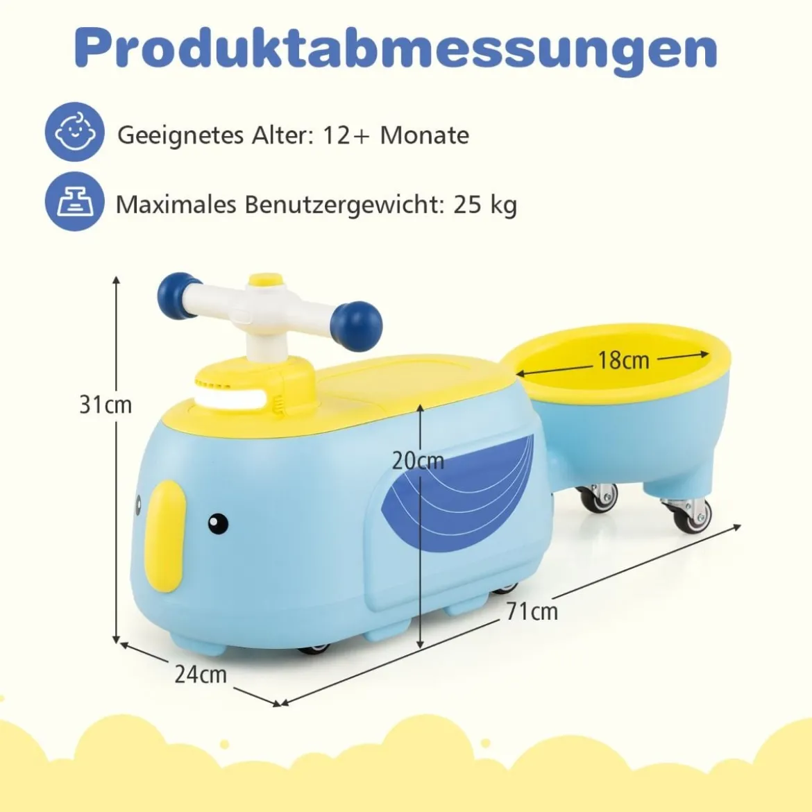 Kinder Rutschauto mit Anhänger & Licht & Stauraum unter dem Sitz Bodenrutscher Blau