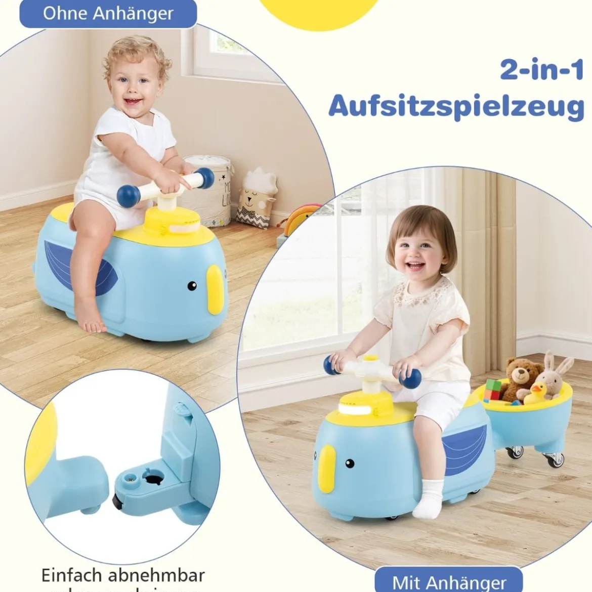 Kinder Rutschauto mit Anhänger & Licht & Stauraum unter dem Sitz Bodenrutscher Blau