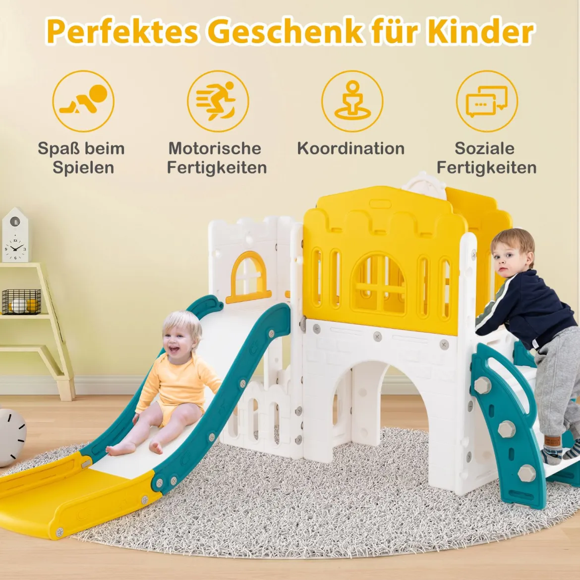 Kinder Rutsche 9 in 1 Kinderrutsche mit Basketballkorb Klettergerüst Tunnel Teleskop & Stauraum Gelb+Grün