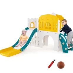 Kinder Rutsche 9 in 1 Kinderrutsche mit Basketballkorb Klettergerüst Tunnel Teleskop & Stauraum Gelb+Grün