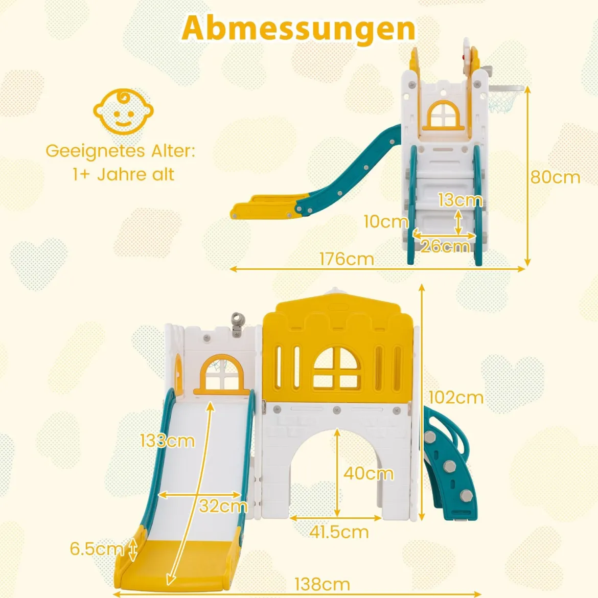 Kinder Rutsche 9 in 1 Kinderrutsche mit Basketballkorb Klettergerüst Tunnel Teleskop & Stauraum Gelb+Grün