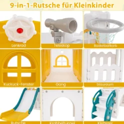 Kinder Rutsche 9 in 1 Kinderrutsche mit Basketballkorb Klettergerüst Tunnel Teleskop & Stauraum Gelb+Grün