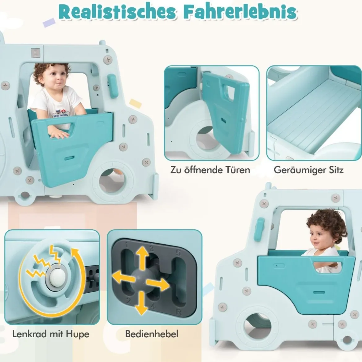 Kinder Rutsche 3 in 1 Kinderrutsche & Auto & Tunnel Lenkrad mit Hupe für Kinder ab 18 Monaten Blau