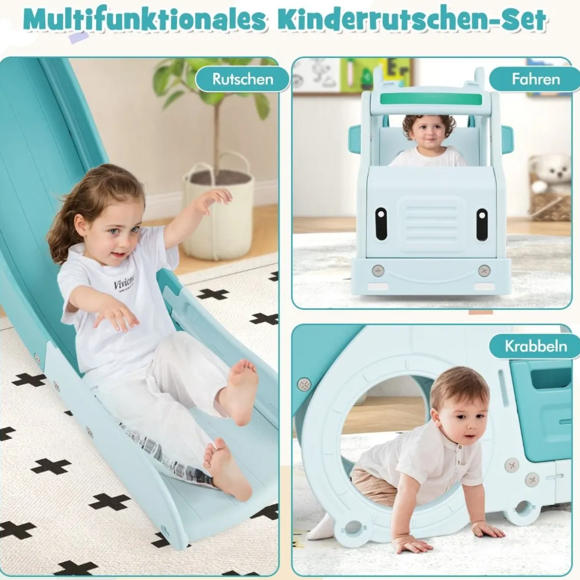 Kinder Rutsche 3 in 1 Kinderrutsche & Auto & Tunnel Lenkrad mit Hupe für Kinder ab 18 Monaten Blau