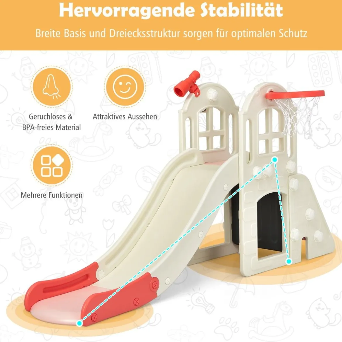 Kinderrutsche Kletterrutsche mit Basketballkorb Ball Ringwurf und Teleskop 189,5 x 83 x 98 cm Rosa
