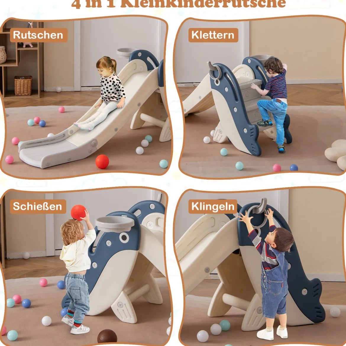 Kinder Rutsche mit Basketballkorb & Ringwurf Freistehendes Rutschespielset Klappbare Kinderrutsche