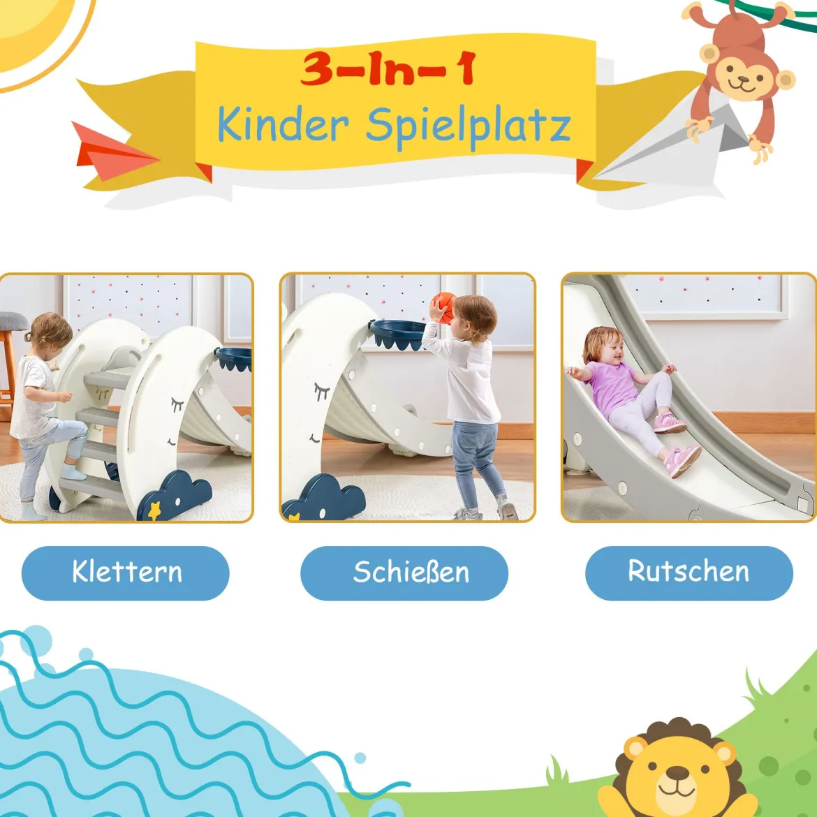 Kinder Rutsche mit Basketballkorb Rutschbahn klappbar Kinderrutsche Gartenrutsch