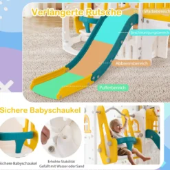 Kinder Rutsche mit Klettergerüst & Schaukel Rutschenset mit Schaukel Grün + Gelb